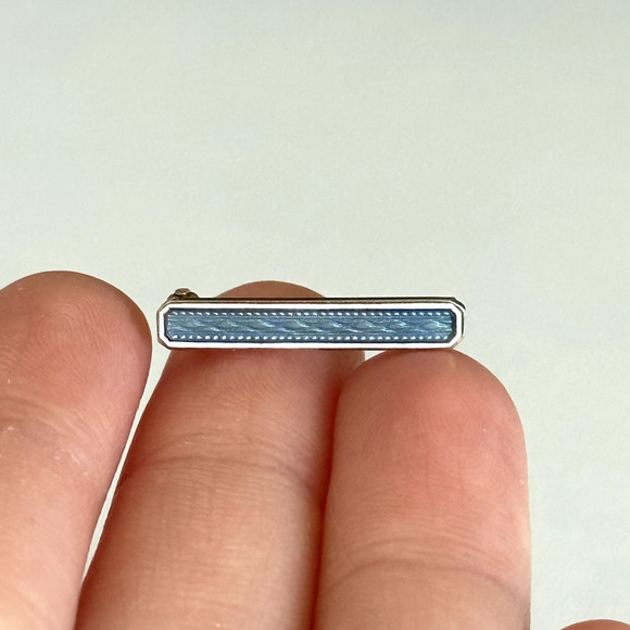Antique 14K Yellow Gold Blue Guilloche Enamel Detail Small Petite Bar Brooch Pin - Picture 11 of 13